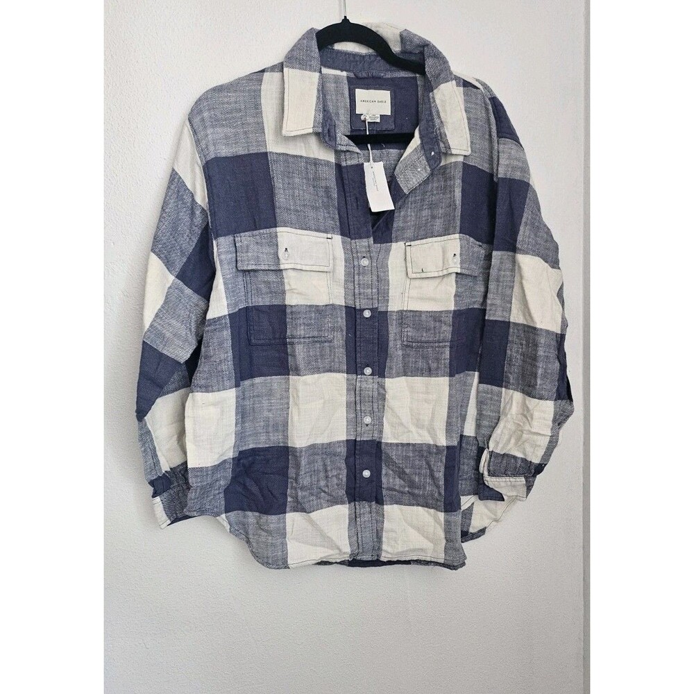 American Eagle womens SOFT blue and white boyfriend flannel size L NWT Western